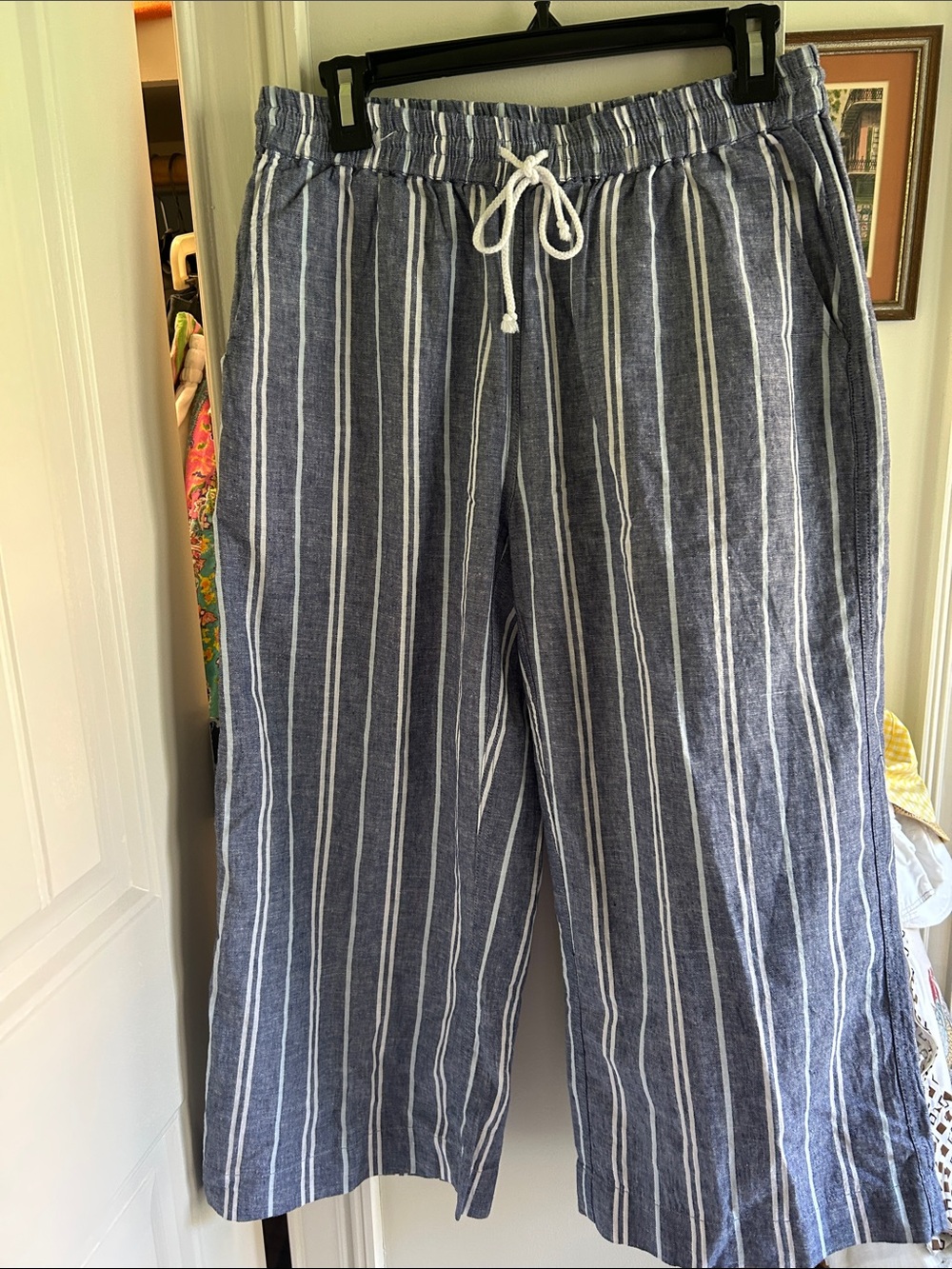 Striped Wide Leg Linen Blend Pants - Blue & White
